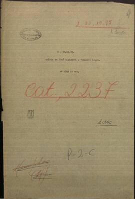 Oficio de Jose Vallonera, Comandante de Villa Franca, dirigido al Ministro de Guerra y Marina de Paraguay, Venancio López.