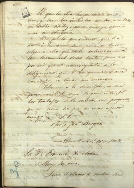 Carta de José Berges, Ministro de Relaciones Exteriores de Paraguay a Francisco Xavier de Acha, sobre el contenido de una carta recibida.