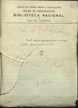 Cuenta mensual correspondiente al 31 de mayo de 1864, sobre ordenes de pago, recibos, oficios entre otros.