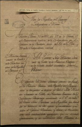 Carta de Benito Varela, Ministro de Relaciones Exteriores del Paraguay a Daniel Webster, Ministro de Relaciones Exteriores de los Estados Unidos.