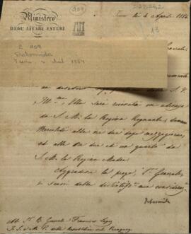 Carta del ministro de negocios extranjeros de Cerdeña, Dabormida al General Francisco Solano López.