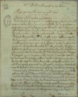 Carta de Duarte da Ponte Ribeiro informando a Manuel Peña enviado de Paraguay junto al Gobierno de Buenos Aires, sobre la partida de un agente diplomático brasileño para el Paraguay.
