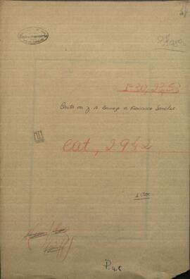 Carta de J. A. Bermejo al Ministro del Interior de Paraguay, Francisco Sanchez.