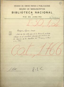 Lista de las notas que el Señor Calvo ha emitido entregar en el inventario formado del archivo de la Legación paraguaya en París.