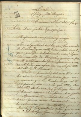 Carta de Jose Berges, Ministro de Relaciones Exteriores de Paraguay, a Felix Egusquiza, Agente Comercial de Paraguay en Buenos Aires.