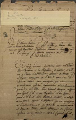 Oficio de Benito Varela Ministro de Relaciones Exteriores del Paraguay, a Paulino José Soares de Souza, Ministro de los negocios extranjeros del Brasil.