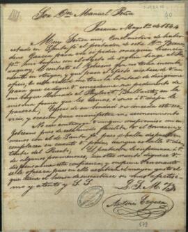 Carta de Antonio Esquer pidiendo a Manuel Peña, que consiguiese el permiso de Pascual Echague, para ir con un barco vacío en su compañía al Paraguay.