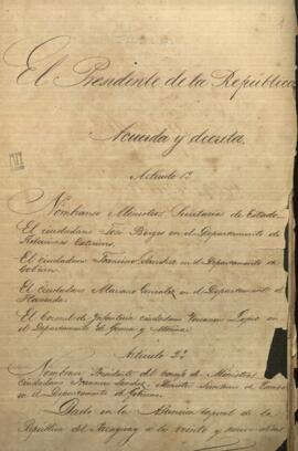 Decreto del Presidente del Paraguay, Francisco Solano López nombrando Ministros y Secretario de Estado.