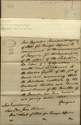 Oficio del cónsul de Gran Bretaña en Asunción, Charles Alfred Henderson al ministro de relaciones exteriores del Paraguay, José Falcón.