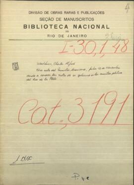 Una nota del Ministro Americano, Charles A. Washburn, dirigida a Jose Berges, Ministro de Relaciones Exteriores de Paraguay.