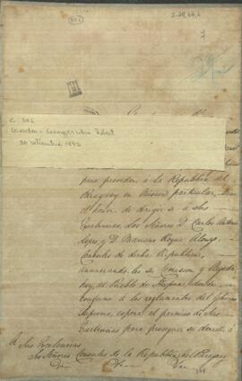 Oficio de Georges John Robert Gordon a los cónsules de Paraguay, anunciando su llegada a Itapira.