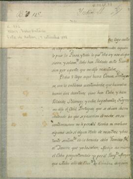 Oficio de Pedro Antonio Miers a Manuel Gutiérrez comunicando la llegada del Capitán José Teodoro Fernández al Fuerte Borbón