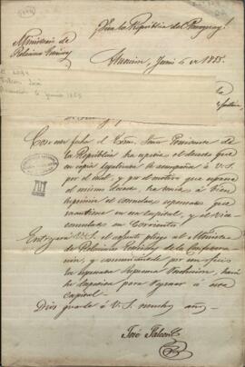 Oficio de José Falcón, Ministro de Relaciones Exteriores del Paraguay, al Cónsul del Paraguay en Paraná, Félix Egusquiza.