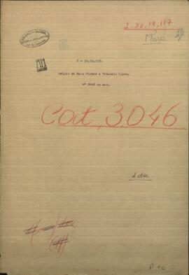 Oficio de Hans Fish, Ingeniero Jefe de Linea Telegráfica, dirigido a Venancio López, Ministro de Guerra y Marina de Paraguay.