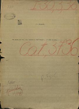 Una carta del Sr. Jose Rufo Caminos, dirigida a Jose Berges, Mtro. de Relaciones Exteriores de Paraguay.