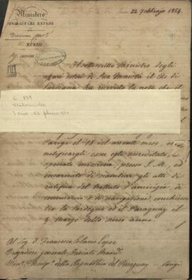 Oficio del Ministro de Negocios Extranjeros de Cerdeña, Dabormida, al General Francisco Solano López.