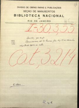 Comunicaciones del Señor Jose Rufo Caminos, dirigidas a Jose Berges, Ministro de Relac. Exteriores de Paraguay.