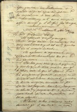 Carta de Jose Berges, Ministro de Relaciones Exteriores de Paraguay, a Lorenso Torres, sobre invasión brasilera.