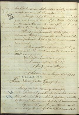 Carta de Jose Berges, Ministro de Relaciones Exteriores de Paraguay, a Felix Egusquiza, Agente Comercial de Paraguay en Buenos Aires.