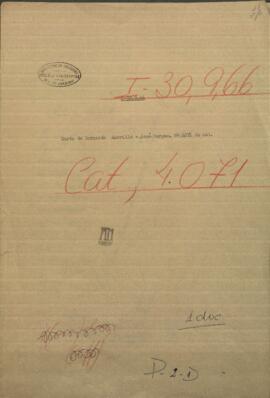 Carta del Comandante de Riachuelo, Bernardo Amarillo a Jose Berges, Mtro. de Relaciones Exteriores de Paraguay.