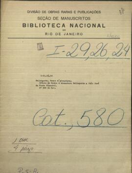 Oficio del cónsul de Brasil en el Paraguay, Pedro de Alcántara Bellegarde, dirigido a Juan José da Costa Pimentel.