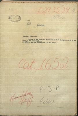 Copias de dos notas del Ministerio de Relaciones Exteriores fecha 22 de octubre dirigidas al Sr. Cónsul General brasilero.