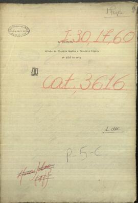 Oficio de Placido Mendez, al Ministro de Guerra y Marina de Paraguay, Venancio Lopez.