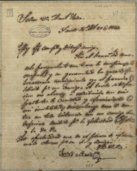 Carta de agradecimiento de Jacinto Andrada, Gobernador de Armas de Santa Fe, a Manuel Peña, enviado de Paraguay, junto al gobierno de Buenos Aires.