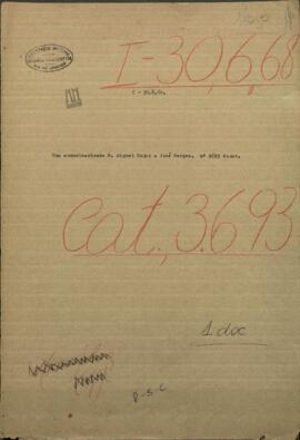 Una comunicacion de Don Miguel Rojas dirigida a Jose Berges, Mtro. de Relaciones Exteriores de Paraguay.