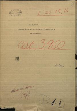 Telegrama de Gaspar Mora, Comandante del Palacio Paraná, dirigido al Mtro. de Guerra y Marina, Venancio López.