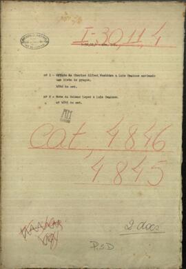 Nota de Francisco Solano López, Pdte. de Paraguay a Luis Caminos, Ministro Interino de las Relaciones Exteriores de Paraguay.