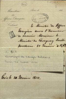 Carta marcando el día 23 de enero de 1854 a la 1y 30, para recibir  al Ministro Plenipotenciario del Paraguay, Francisco Solano López.