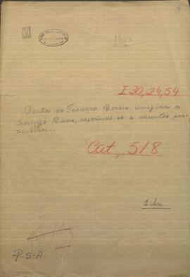 Carta de Teodoro Berón, dirigida a Lorenzo Berón refiriéndose a asuntos particulares.