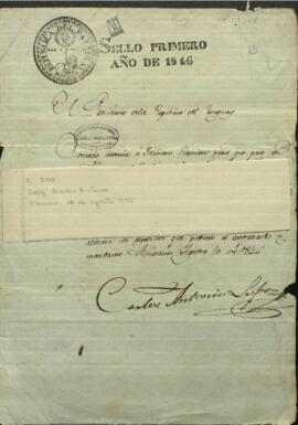 Pase de permiso de Carlos Antonio López, Presidente del Paraguay, concediendo licencia a Feliciano Ramírez.