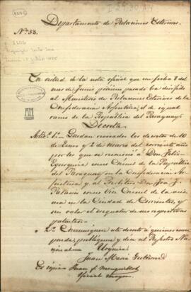 Decreto del Presidente de la Confederación Argentina, Justo José de Urquiza.