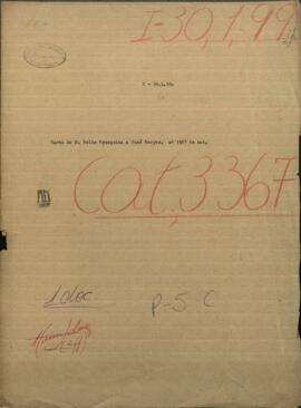 Carta de Felix Egusquiza, Agente Comercial de Paraguay, a Jose Berges, Ministro de Relaciones Exteriores de Paraguay.