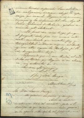 Carta de Jose Berges, Ministro de Relaciones Exteriores de Paraguay, a Lorenso Torres.
