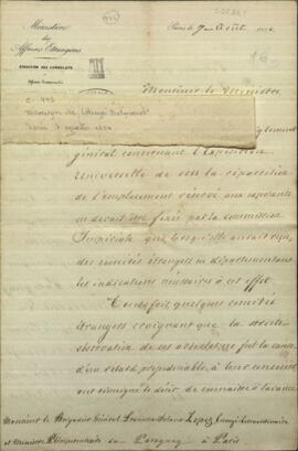 Carta del Ministro de Relaciones Exteriores de Francia, Droyn de Lhyus, dirigida al Ministro Plenipotenciario del Paraguay, Francisco Solano López.