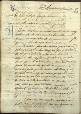 Carta de José Berges, Ministro de Relaciones Exteriores de Paraguay a Felix Egusquiza, agente comercial de Paraguay.