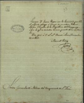 Carta de Manuel Peña enviado de Paraguay junto al, gobierno de Buenos Aires, al comandante Militar del Campamento de San José.