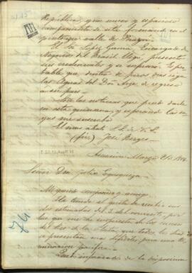 Carta de Jose Berges, Ministro de Relaciones Exteriores de Paraguay, a Felix Egusquiza, Agente Comercial de Paraguay en Buenos Aires.