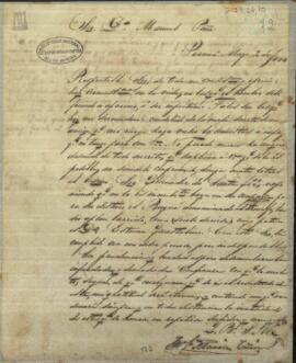 Carta de José María ( ilegible ) a Manuel Peña, solicitando que consiguiese de Pascual Echague, permiso para que Esteban Guasta lino, pudiese ir con un barco al Paraguay.