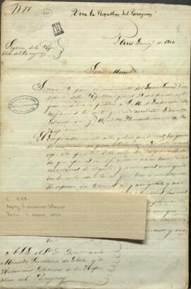 Oficio de Francisco Solano López, en misión especial extraordinaria del Paraguay, en Europa, al Ministro de Relaciones Exteriores del Paraguay, Benito Varela.