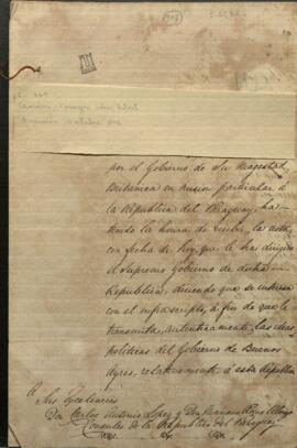 Oficio de Georges John Robert Gordon, a los cónsules de Paraguay, informando sobre el pensamiento del gobierno argentino, al respecto de Paraguay.