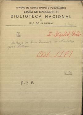 Billete  de Luis Caminos, Secretario de Hacienda y después encargado de Relaciones Exteriores  del Paraguay, al Ministro José Falcón.