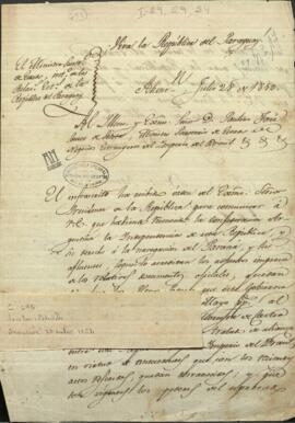 Oficio de Benito Varela, Ministro de Relaciones Exteriores del Paraguay, a Paulino José Soares de Souza.