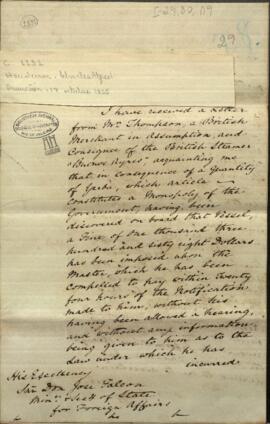 Oficio del Cónsul de Gran Bretaña en Asunción, Charles Alfred Henderson, al Ministro José Falcón.