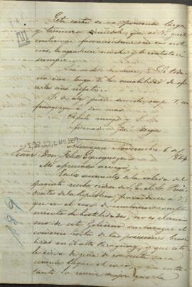 Carta de Jose Berges, Ministro de Relaciones Exteriores de Paraguay, a Felix Egusquiza, Agente Comercial de Paraguay en Buenos Aires.