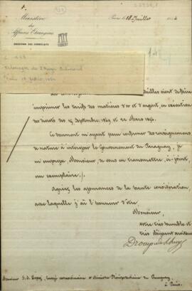 Carta del ministro de relaciones exteriores de Francia, Drounyn de Lhuys Edouard, al General López.