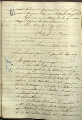 Carta de Jose Berges, Ministro de Relaciones Exteriores de Paraguay, a Jose Rufo Caminos, Cónsul General de Paraguay en Parana.